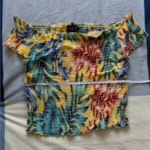 Yellow and Blue Smocked Ruffled Cap Sleeve Blouse